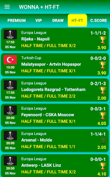 Wonna app screenshot showing football predictions